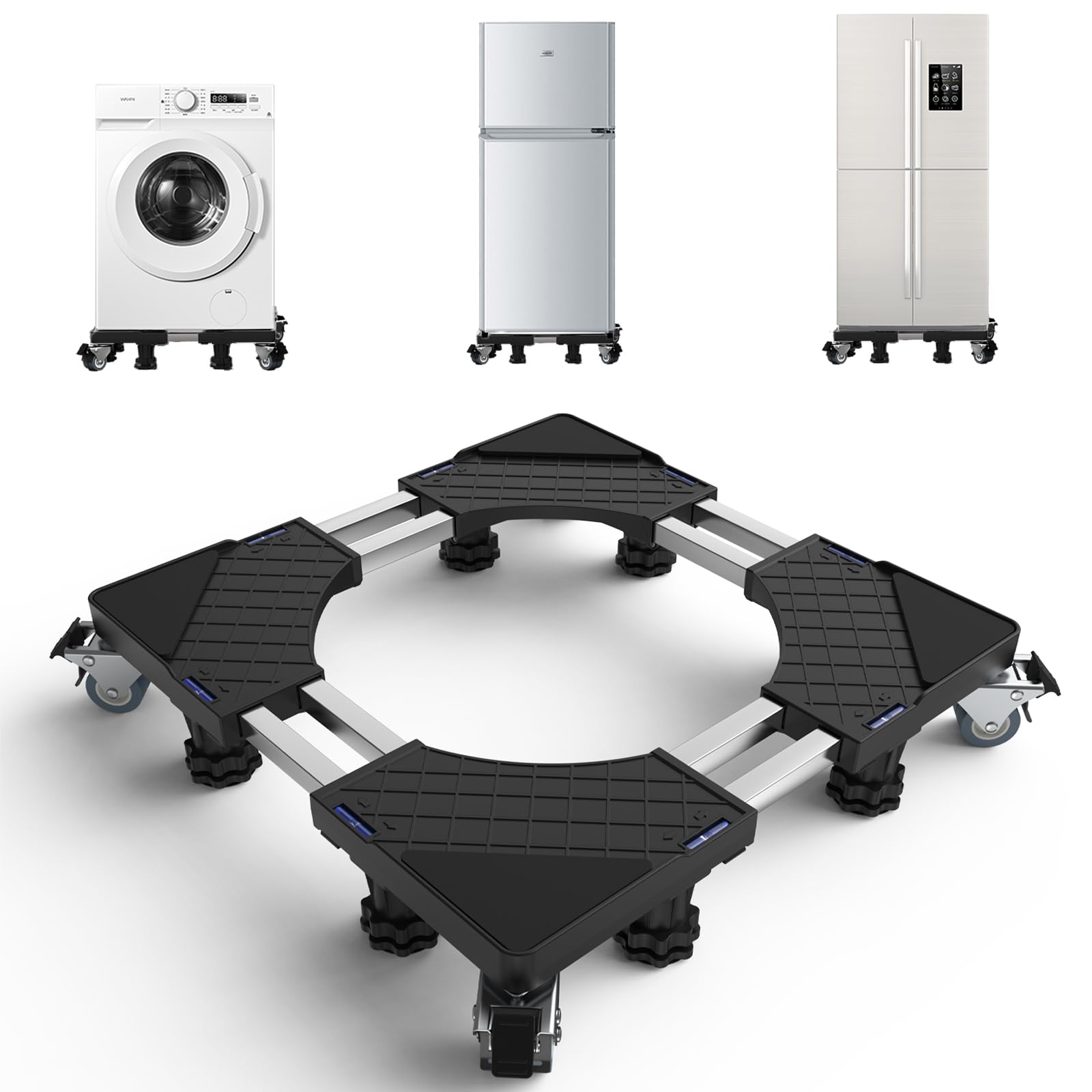 洗濯機 台 DEWEL 冷蔵庫 台 かさ上げ台 360度回転 キャスター付き 目盛り付き 洗濯機パン 排水パン 8輪8足 サイズ調整可能 幅