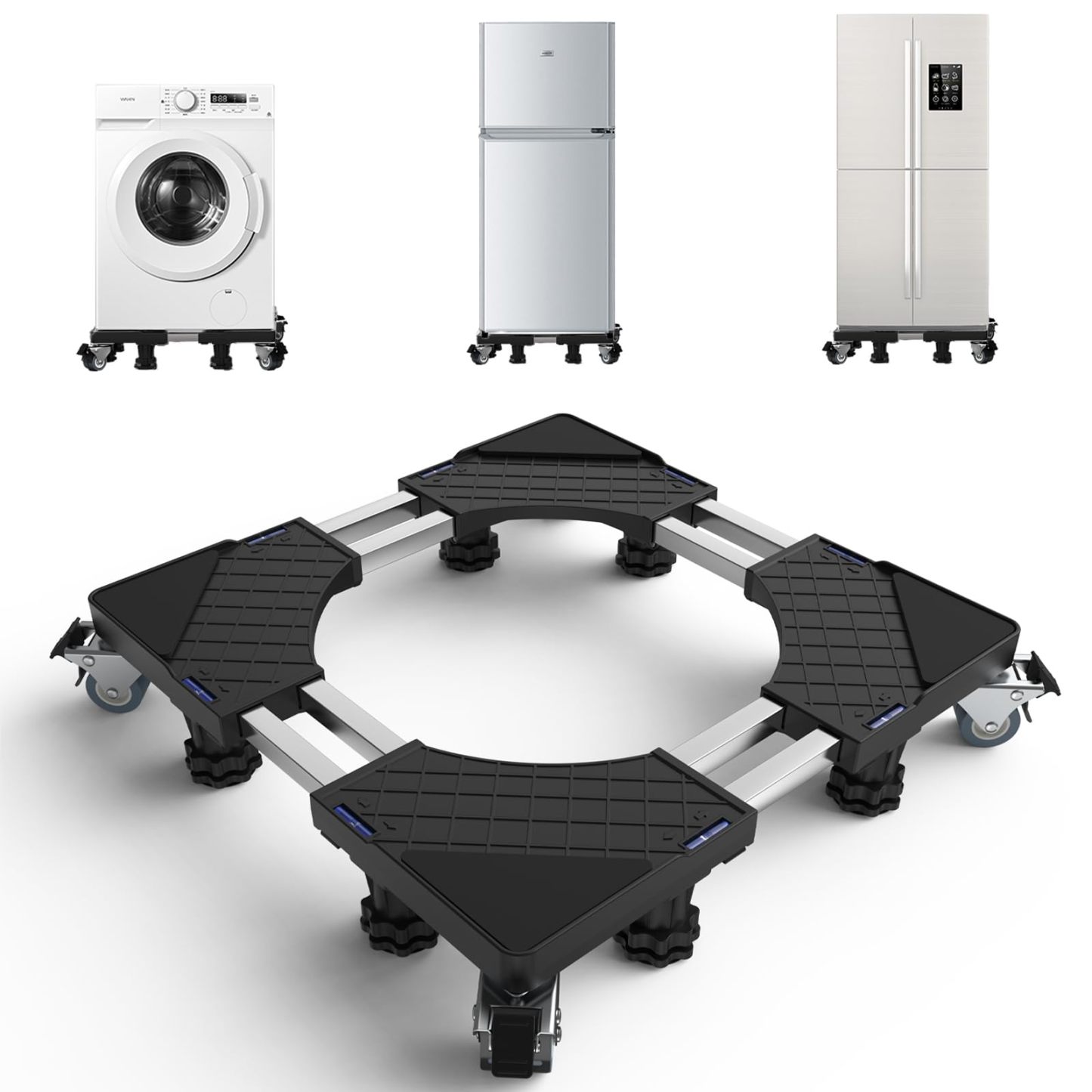 洗濯機 台 DEWEL 冷蔵庫 台 かさ上げ台 360度回転 キャスター付き 目盛り付き 洗濯機パン 排水パン 8輪8足 サイズ調整可能 幅/奥行き:48～65cm 耐荷重:500kg 伸縮式 ドラム式 全自動対応 3重振動異音防止