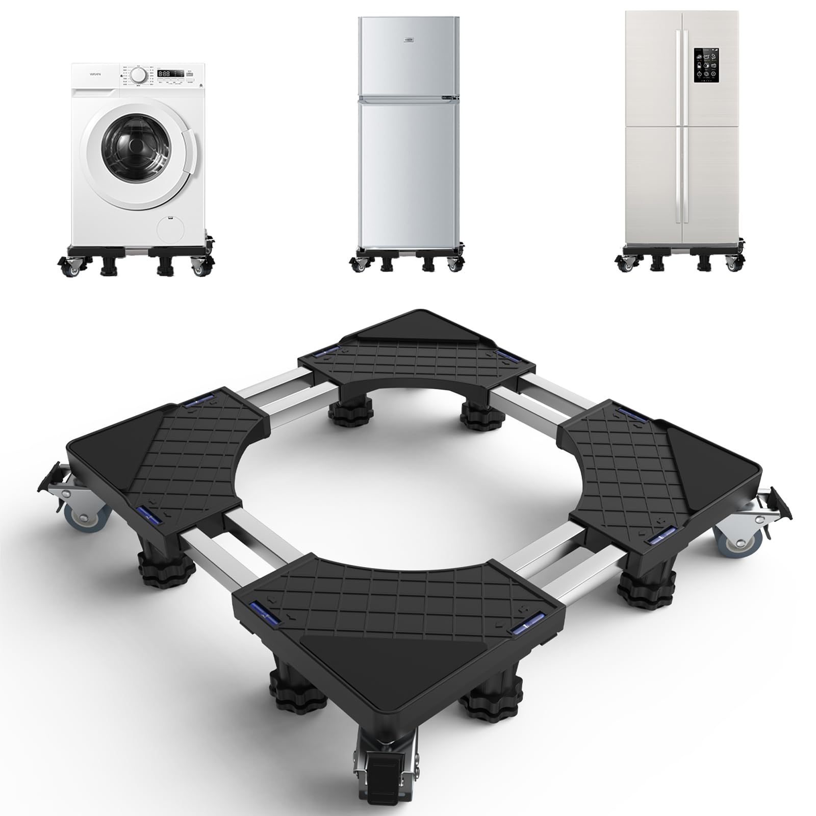 洗濯機 台 DEWEL 冷蔵庫 台 かさ上げ台 360度回転 キャスター付き 目盛り付き 洗濯機パン 排水パン 8輪8足 サイズ調整可能 幅/奥行き:48～65cm 耐荷重:500kg 伸縮式 ドラム式 全自動対応 3重振動異音防止