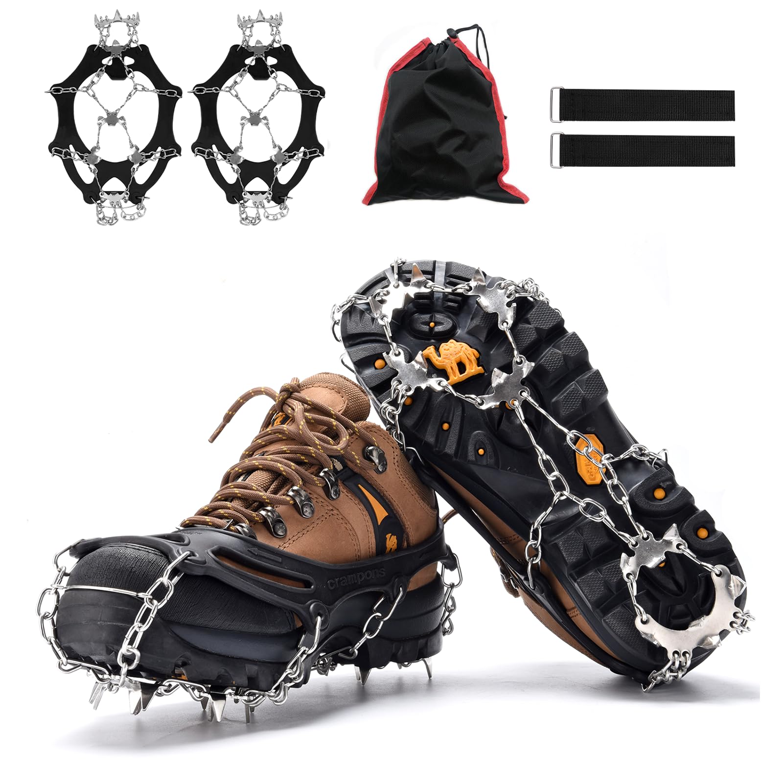 アイゼン チェーンスパイク 19本爪 201ステンレス＆シリコン製 26.5-28.5CMの靴対応 簡単着脱 転倒防止 滑り止めスパイク 簡易アイゼン 耐寒性-35°C 耐久性 錆にくい 雪山/登山/ハイキング/沢登り/凍った道などに対応 男女兼用