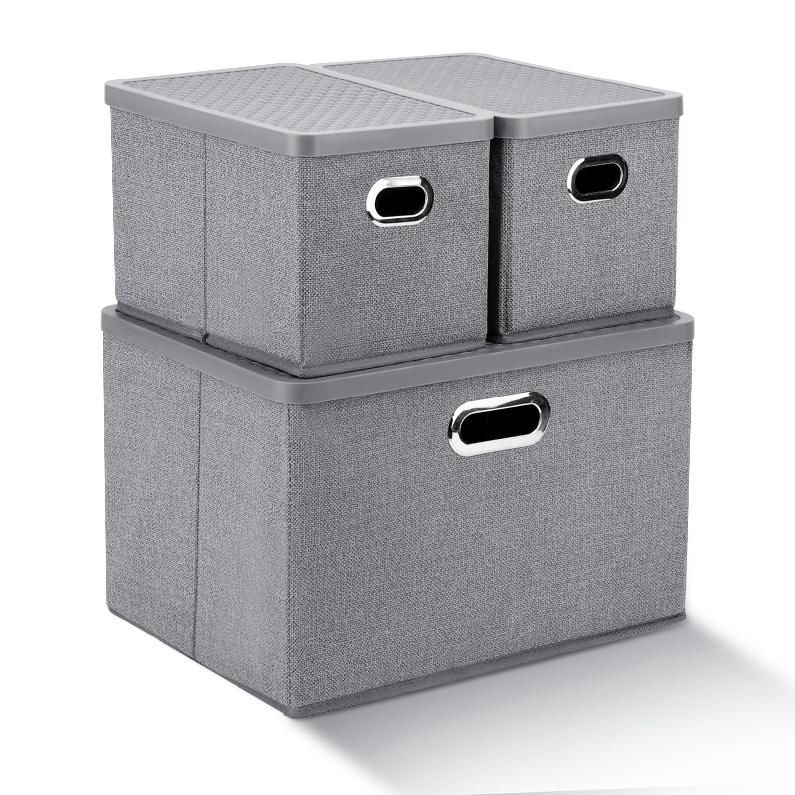 DEWEL 収納ボックス 折りたたみ式 3枚組 収納ケース 不織布 防塵 大容量 多機能 おもちゃ収納 小物入れ 上に蓋付き グレー