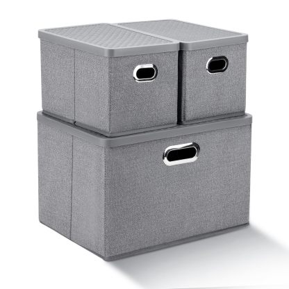 DEWEL 収納ボックス 折りたたみ式 3枚組 収納ケース 不織布 防塵 大容量 多機能 おもちゃ収納 小物入れ 上に蓋付き グレー