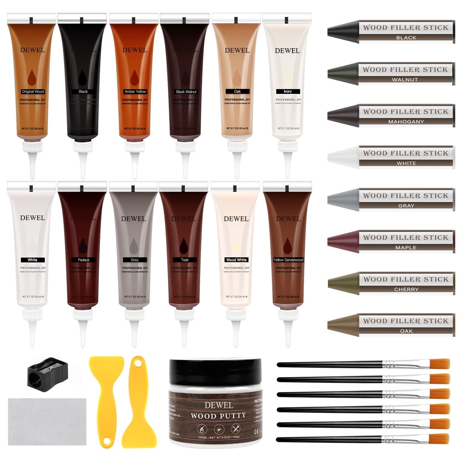 DEWEL 木製品キズ補修セット フローリング補修 家具補修 8色補修棒 12色補修クリーム ウッドパテ フローリング 床 ドア補修 キズ隠し ネジ穴、ひび割れ、釘目、傷、焼灼、変色など補修 サンドペーパー/スクレーパー/ブラシ/芯削り器付き
