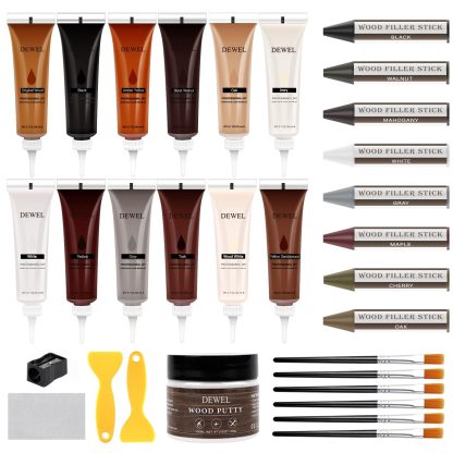 DEWEL 木製品キズ補修セット フローリング補修 家具補修 8色補修棒 12色補修クリーム ウッドパテ フローリング 床 ドア補修 キズ隠し ネジ穴、ひび割れ、釘目、傷、焼灼、変色など補修 サンドペーパー/スクレーパー/ブラシ/芯削り器付き