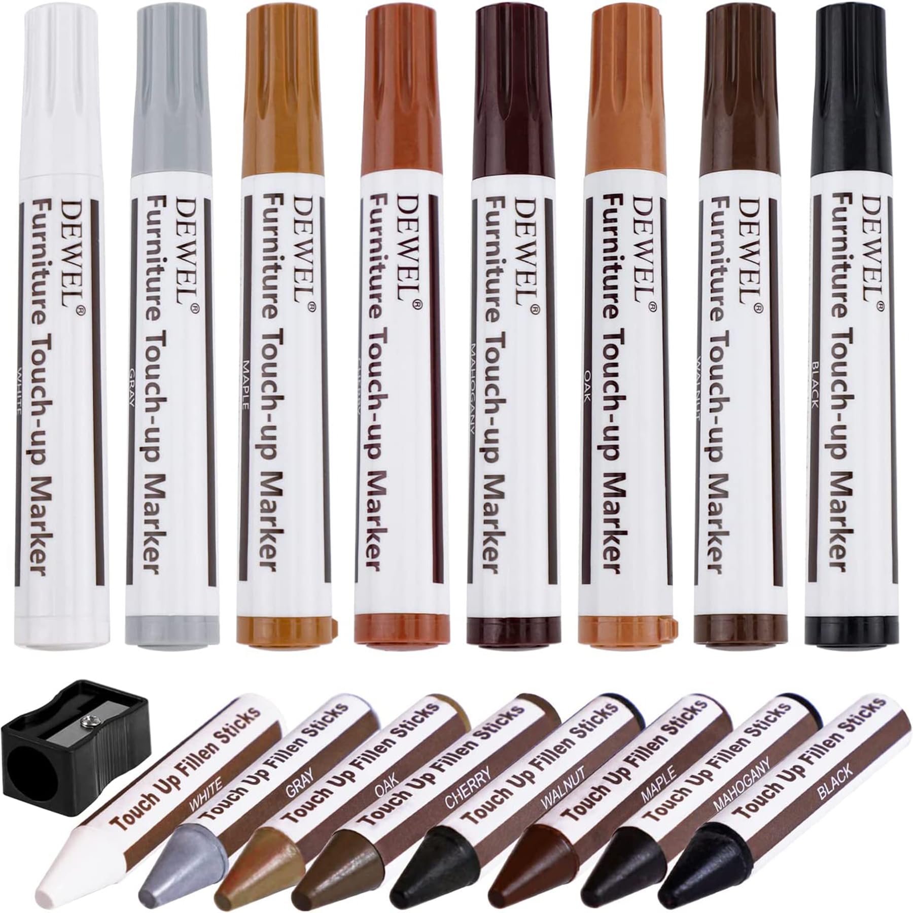 DEWEL フローリング補修 床/ドア補修 傷 穴 塗装剥がれ補修 キズ消し キズ隠し 木製家具補修セット 家具補修マーカー 補修ペン 補修棒 8色入り 16本セット 芯削り器付き
