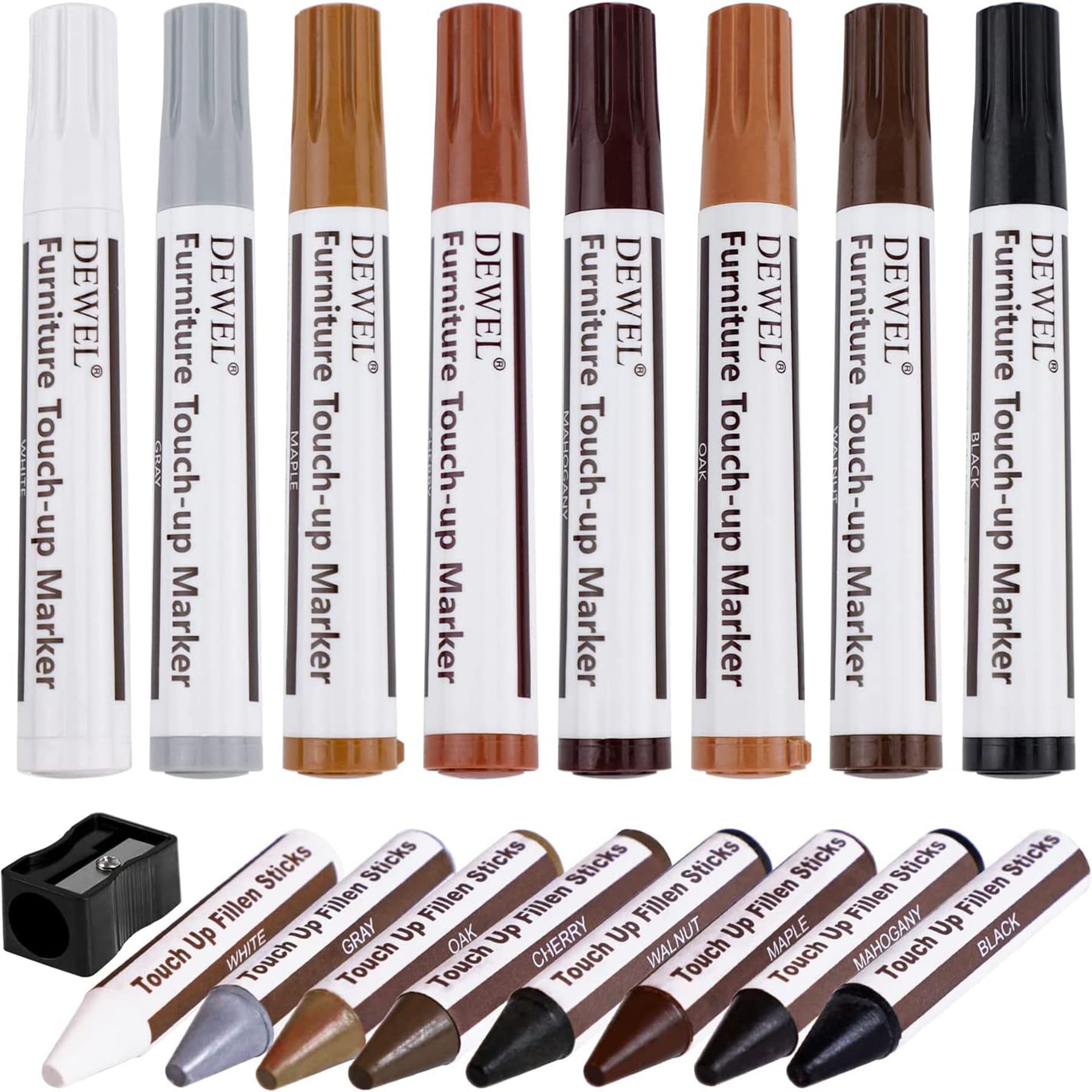DEWEL フローリング補修 床/ドア補修 傷 穴 塗装剥がれ補修 キズ消し キズ隠し 木製家具補修セット 家具補修マーカー 補修ペン 補修棒 8色入り 16本セット 芯削り器付き