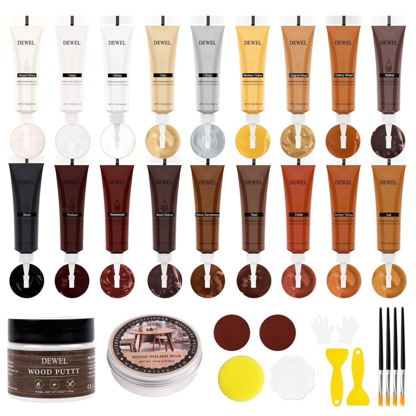DEWEL 木製品キズ補修 キズ補修クリームキット フローリング 補修クリーム 18色入り 100g木工パテ 100g木蝋油 家具修理キット 木工 木製の家具 床 補修 キズ すりキズ用 傷消し 床補修 ドア補修 補修材 傷直し あらゆるキズの補修セット