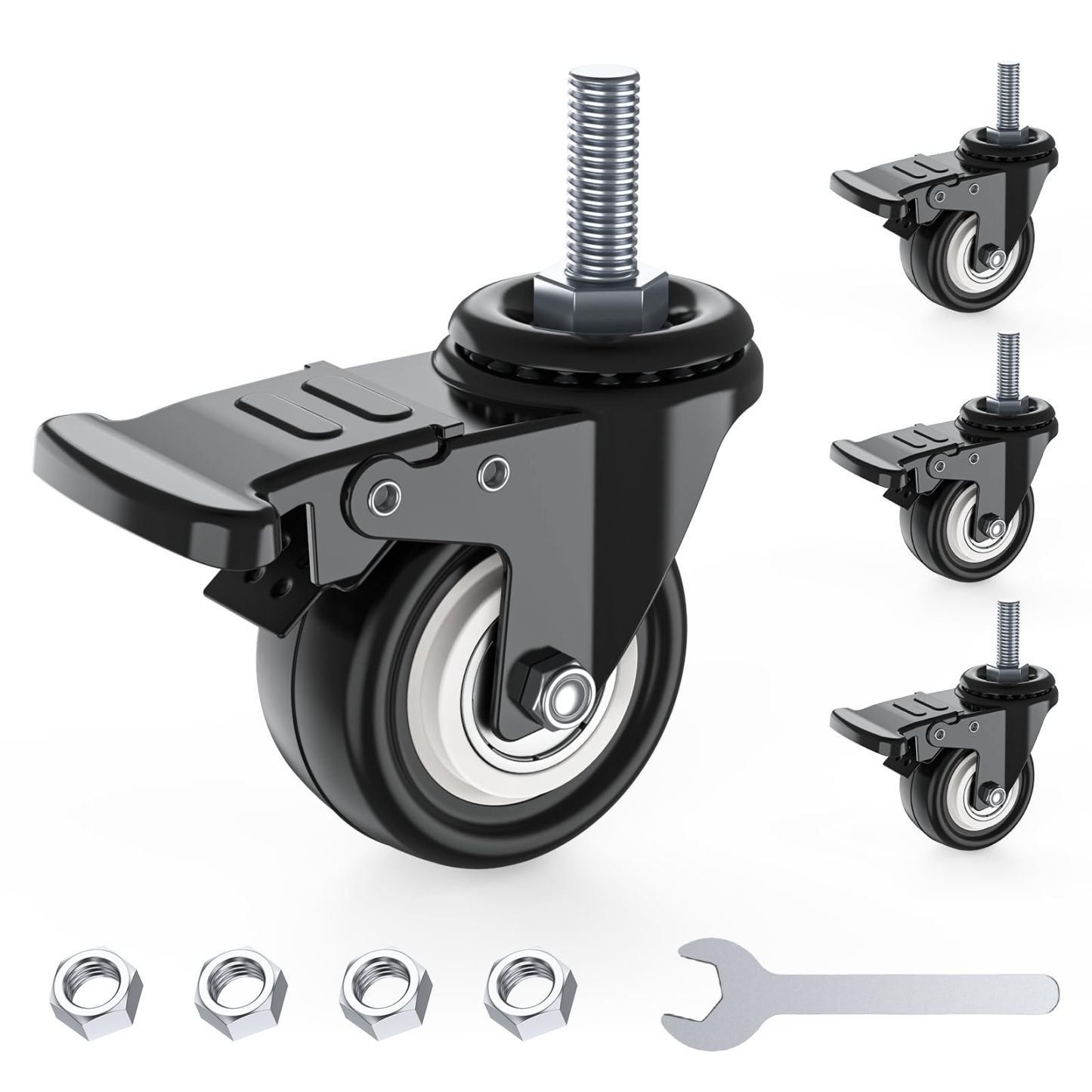 DEWEL キャスター Ｍ8 車輪 2インチ ネジ式キャスター 自在式キャスター ブレーキ付き 360°回転 静音 50mm 耐荷重240KG 交換用 ゴムキャスター 取替えキャスター ネジ込み式 4個セット DIY 家具交換キット