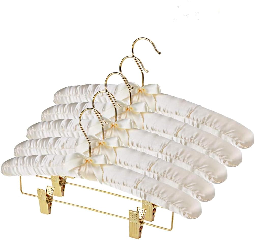 DEWEL スポンジハンガー サテンハンガー 布ハンガー クリップ付き リボン付き 布製 シルク ふっくらハンガー 耐久性 衣類収納 たんす用 クローゼット ディスプレイ用 ホテルアメニティ 家庭用 客間 ５本セット