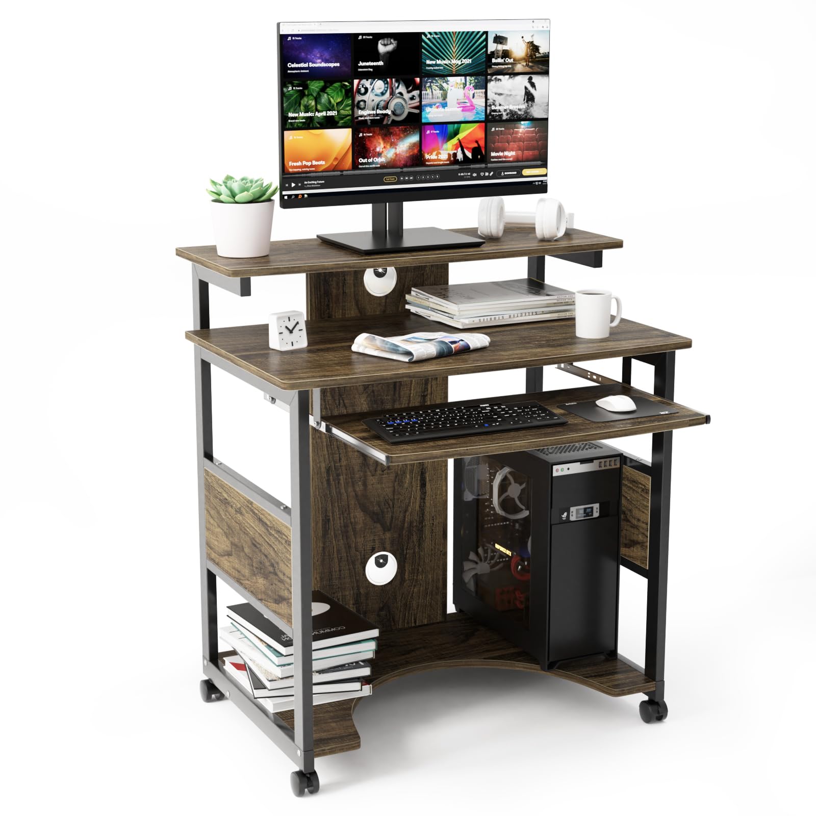 DEWEL デスク パソコンデスク 幅80×奥行50×高さ75cm pcデスク ワークデスク 収納 ゲーミングデスク キャスター付き ディスプレイ棚 スライドテーブル 勉強机 一人暮らし 在宅ワーク ラミン加工 木目調 説明書付き