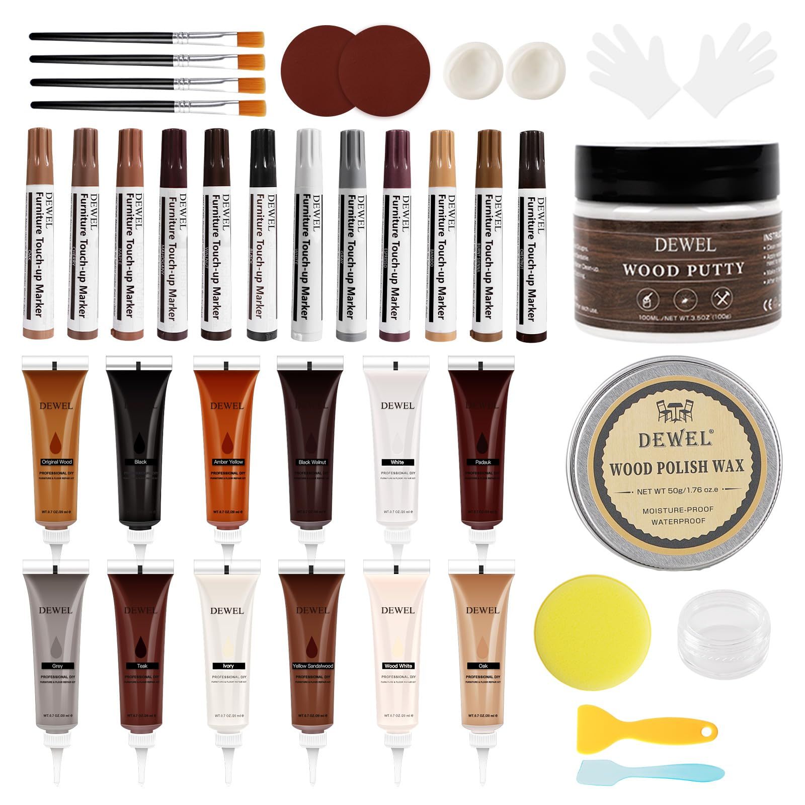 DEWEL 木製品キズ補修 フローリング 補修クリーム 補修ペン 12色 パテ付き ワックス付き 木工 木製の家具 キズ隠し キズ直し すりキズ用 ひび割れ、釘目、傷、焼灼など補修