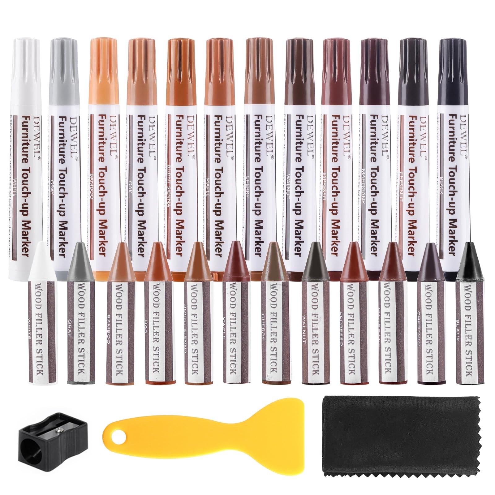 DEWEL 木製品キズ補修セット 家具 補修ペン 家具補修マーカー フローリング補修 12色補修ペン 12色補修棒 床 ドア剥がれ 棚 家具補修 キズ隠し ひび割れ、傷、焼灼、変色など補修 芯削り器付き 24本セット 家具の傷、汚れ用