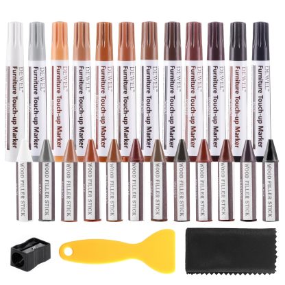 DEWEL 木製品キズ補修セット 家具 補修ペン 家具補修マーカー フローリング補修 12色補修ペン 12色補修棒 床 ドア剥がれ 棚 家具補修 キズ隠し ひび割れ、傷、焼灼、変色など補修 芯削り器付き 24本セット 家具の傷、汚れ用