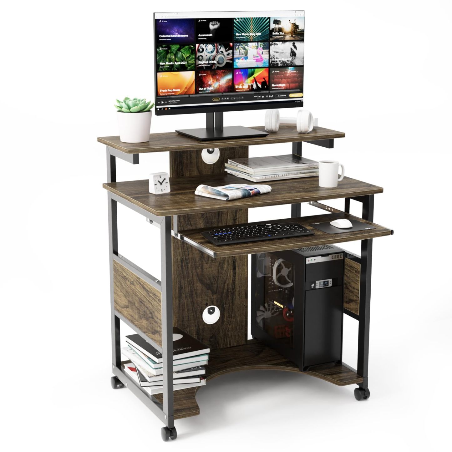 DEWEL デスク パソコンデスク 幅80×奥行50×高さ75cm pcデスク ワークデスク 収納 ゲーミングデスク キャスター付き ディスプレイ棚 スライドテーブル 勉強机 一人暮らし 在宅ワーク ラミン加工 木目調 説明書付き