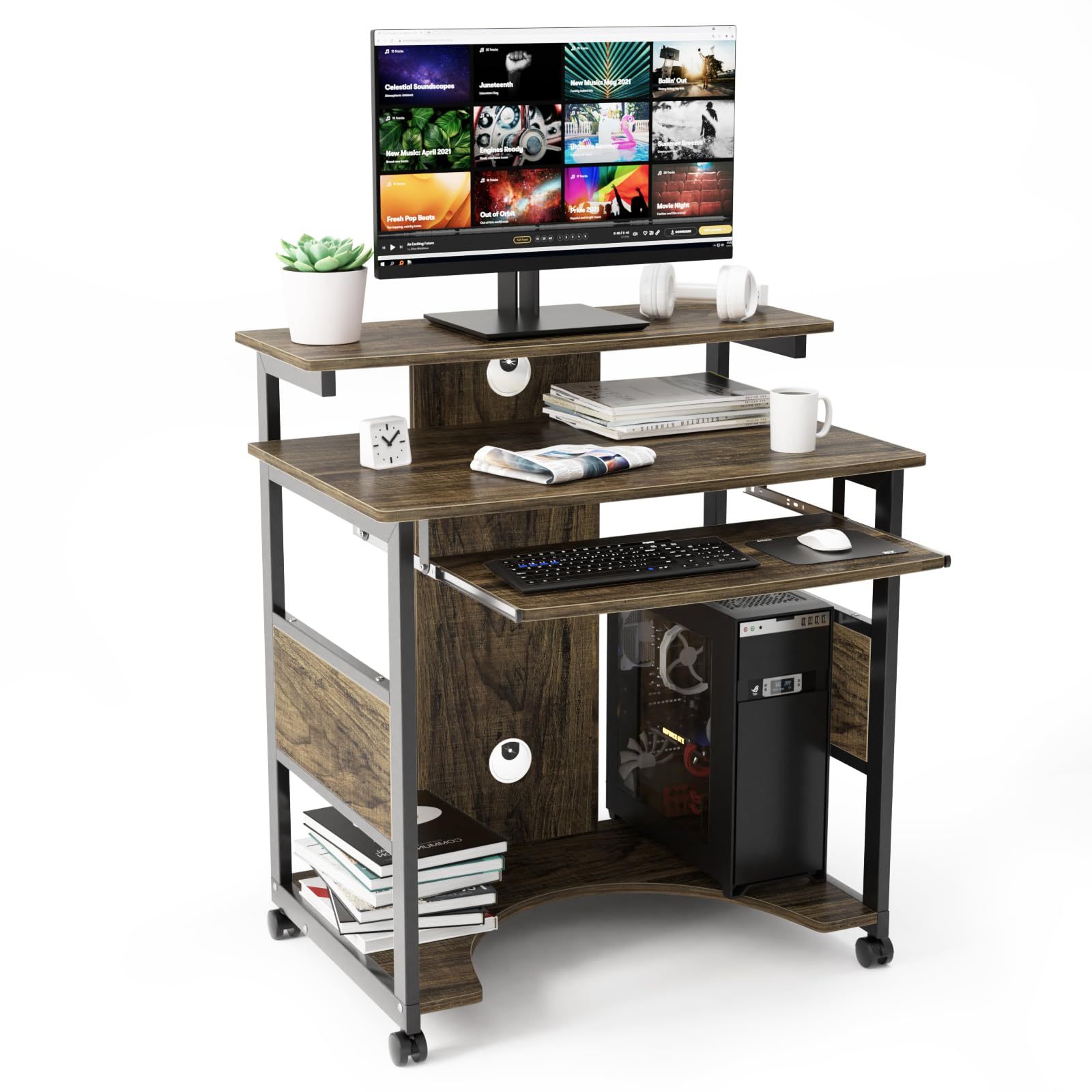 DEWEL デスク パソコンデスク 幅80×奥行50×高さ75cm pcデスク ワークデスク 収納 ゲーミングデスク キャスター付き ディスプレイ棚 スライドテーブル 勉強机 一人暮らし 在宅ワーク ラミン加工 木目調 説明書付き