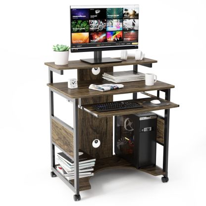 DEWEL デスク パソコンデスク 幅80×奥行50×高さ75cm pcデスク ワークデスク 収納 ゲーミングデスク キャスター付き ディスプレイ棚 スライドテーブル 勉強机 一人暮らし 在宅ワーク ラミン加工 木目調 説明書付き