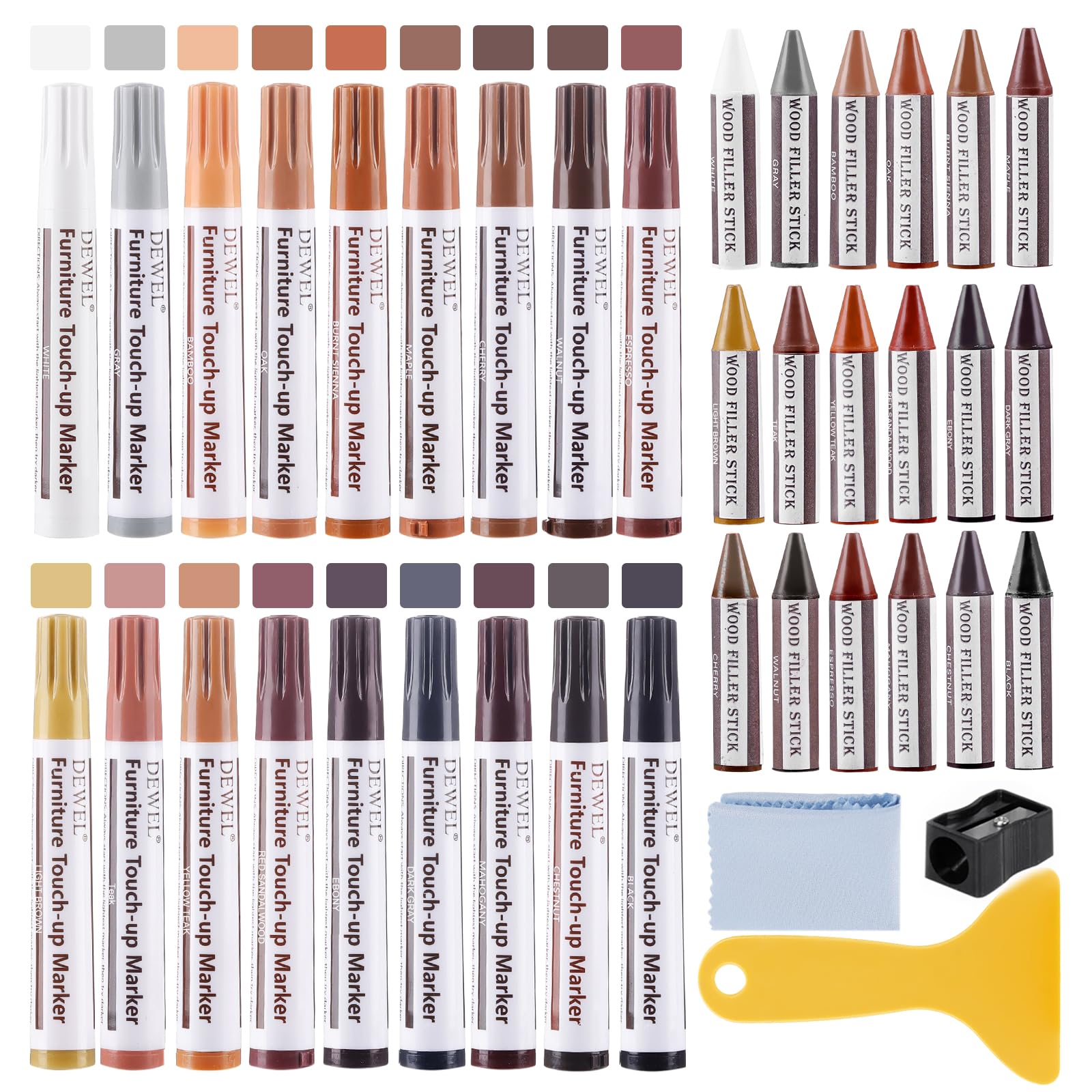 DEWEL 木製品キズ補修セット 家具補修マーカー 18色補修ペン18色補修棒 フローリング 床 ドア 家具補修 キズ隠し ひび割れ、傷、焼灼、変色など補修 家具の傷、汚れ用 木製品キズ補修 家具磨き 傷修復＆修理タッチアップキット あらゆる木材に使用 木の表面でも簡単に復元 補修材 ウッドステインペン 鉛筆削り付き