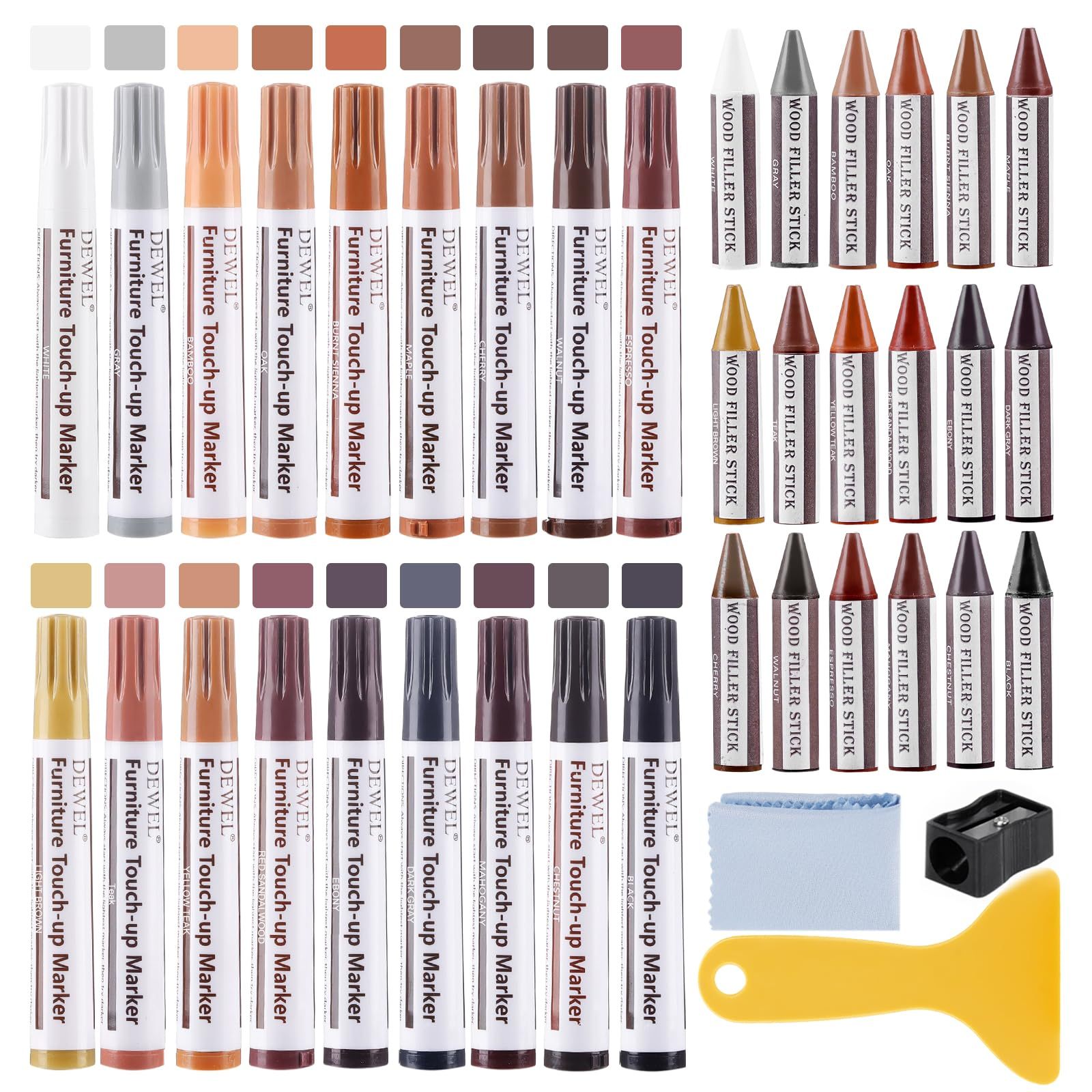 DEWEL 木製品キズ補修セット 家具補修マーカー 18色補修ペン18色補修棒 フローリング 床 ドア 家具補修 キズ隠し ひび割れ、傷、焼灼、変色など補修 家具の傷、汚れ用 木製品キズ補修 家具磨き 傷修復＆修理タッチアップキット あらゆる木材に使用 木の表面でも簡単に復元 補修材 ウッドステインペン 鉛筆削り付き