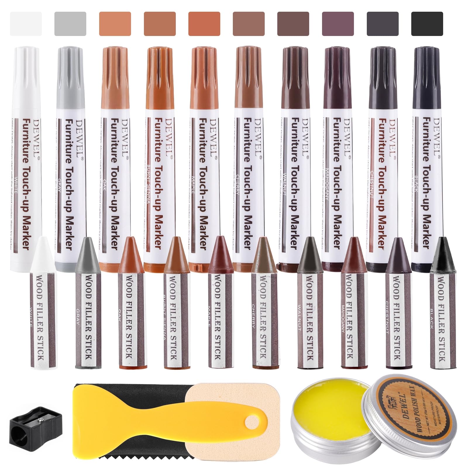 DEWEL 木製品キズ補修セット 家具 補修ペン 家具補修マーカー フローリング補修 10色補修ペン 10色補修棒 床 ドア剥がれ 棚 家具補修 キズ隠し ひび割れ、傷、焼灼、変色など補修 芯削り器付き 20本セット 家具の傷、汚れ用