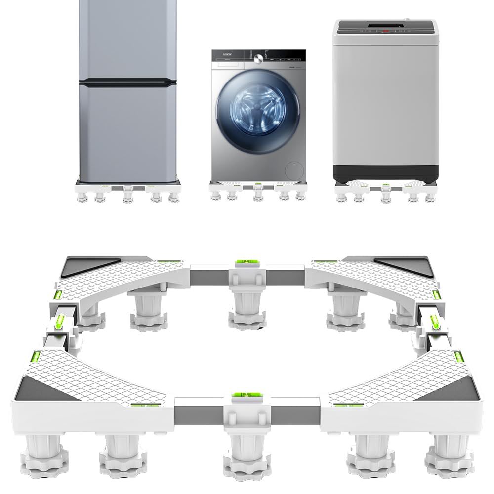 DEWEL 洗濯機 台 12足 排水パン 4中央足 奥行/幅:47～70cm 耐荷重:500㎏ かさ上げ台 洗濯機パン 冷蔵庫 台 伸縮式 振動異音軽減 ドラム式・全自動洗濯機対応