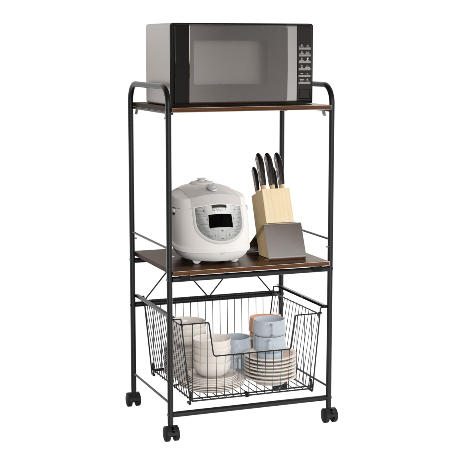 レンジ台 キッチン棚 レンジラック キッチン収納 ラック 物置ラック 幅50cm 2段棚+1バスケット キャスター付き 移動・掃除便利 簡単組立 （ブラック） DEWEL