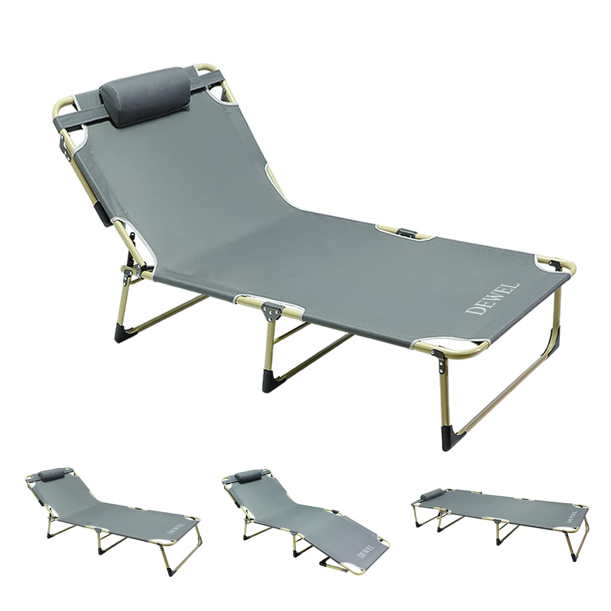 アウトドア ベッド 折りたたみ式 DEWEL 194*67*28cm シングル デッキチェア 背面4段階調整＆足元2段階調整 リクライニングベッド/コット 簡易 組立不要 持ち運び便利 滑り止め 耐荷重150㎏ ビーチ 日光浴 防災 枕付き