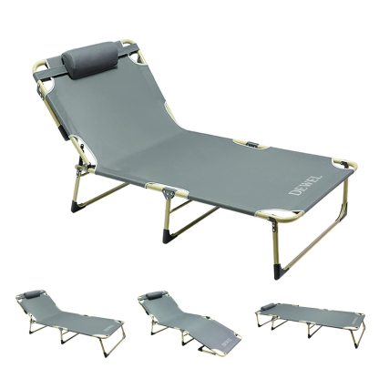 アウトドア ベッド 折りたたみ式 DEWEL 194*67*28cm シングル デッキチェア 背面4段階調整＆足元2段階調整 リクライニングベッド/コット 簡易 組立不要 持ち運び便利 滑り止め 耐荷重150㎏ ビーチ 日光浴 防災 枕付き