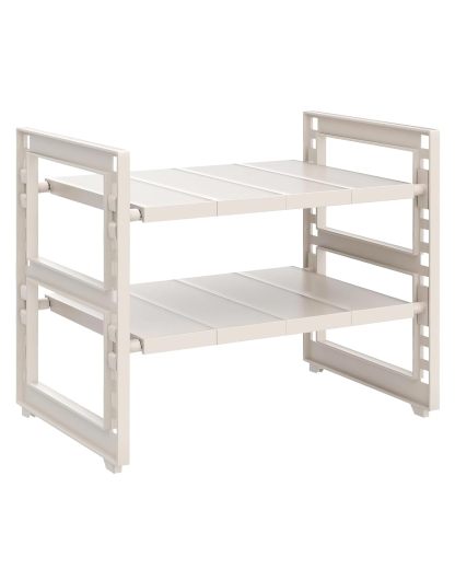 シンク下収納 伸縮2段ラック DEWEL キッチンラック 押入れ整理棚 マルチ伸縮棚 台所収納 流し台下 排水トラップを避けて 伸縮式 自由調節 簡単組立 4つのs型フック付き