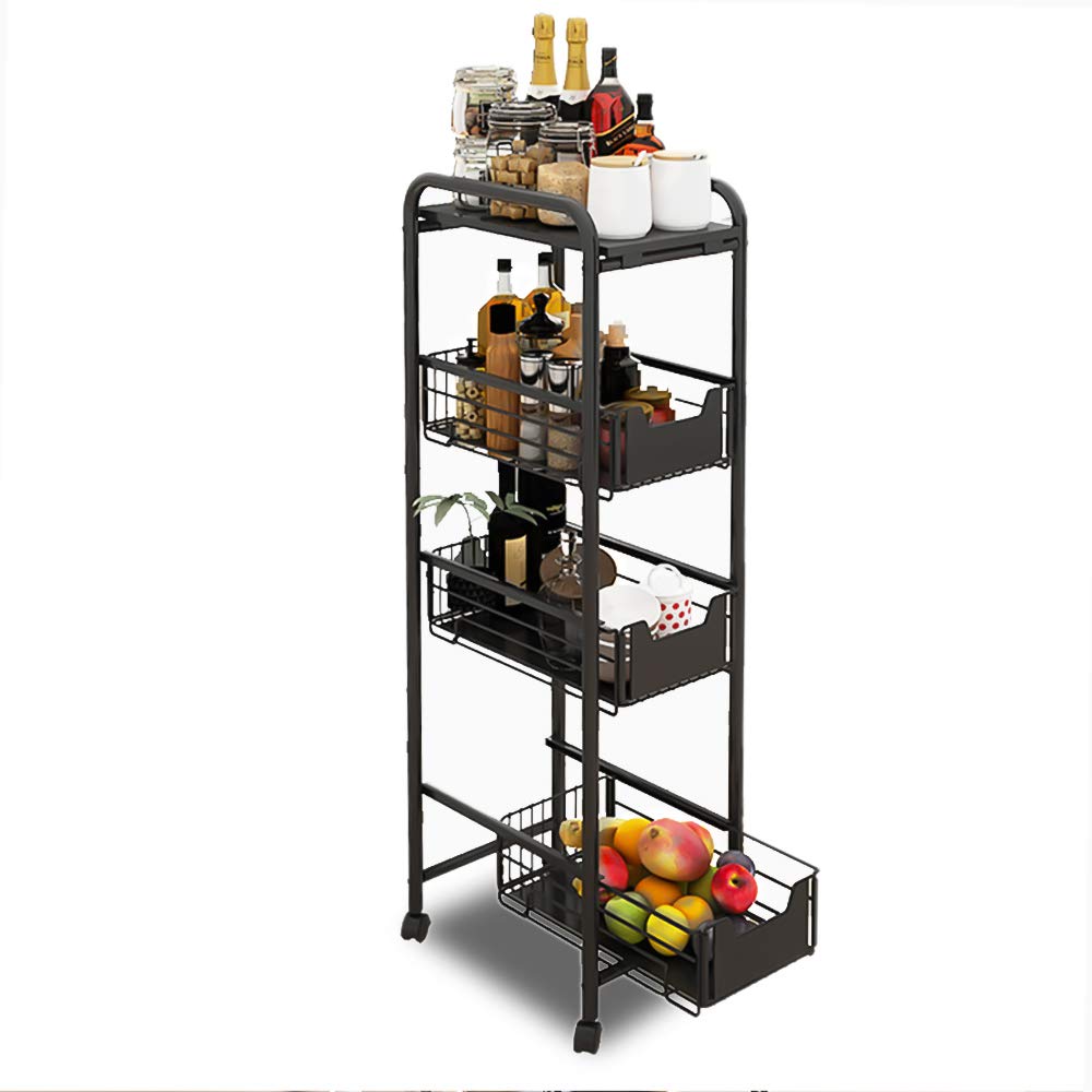 キッチンワゴン DEWEL 隙間収納カート 収納ラック 1天板+3引き出し キャスター付 小物収納 調味料ラック バスケットラック サイドワゴン 4段 引き出し式 組立簡単 おしゃれ ブラック