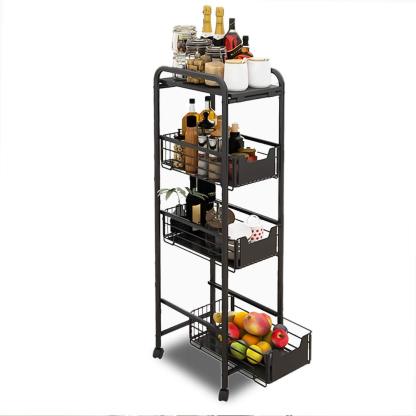 キッチンワゴン DEWEL 隙間収納カート 収納ラック 1天板+3引き出し キャスター付 小物収納 調味料ラック バスケットラック サイドワゴン 4段 引き出し式 組立簡単 おしゃれ ブラック