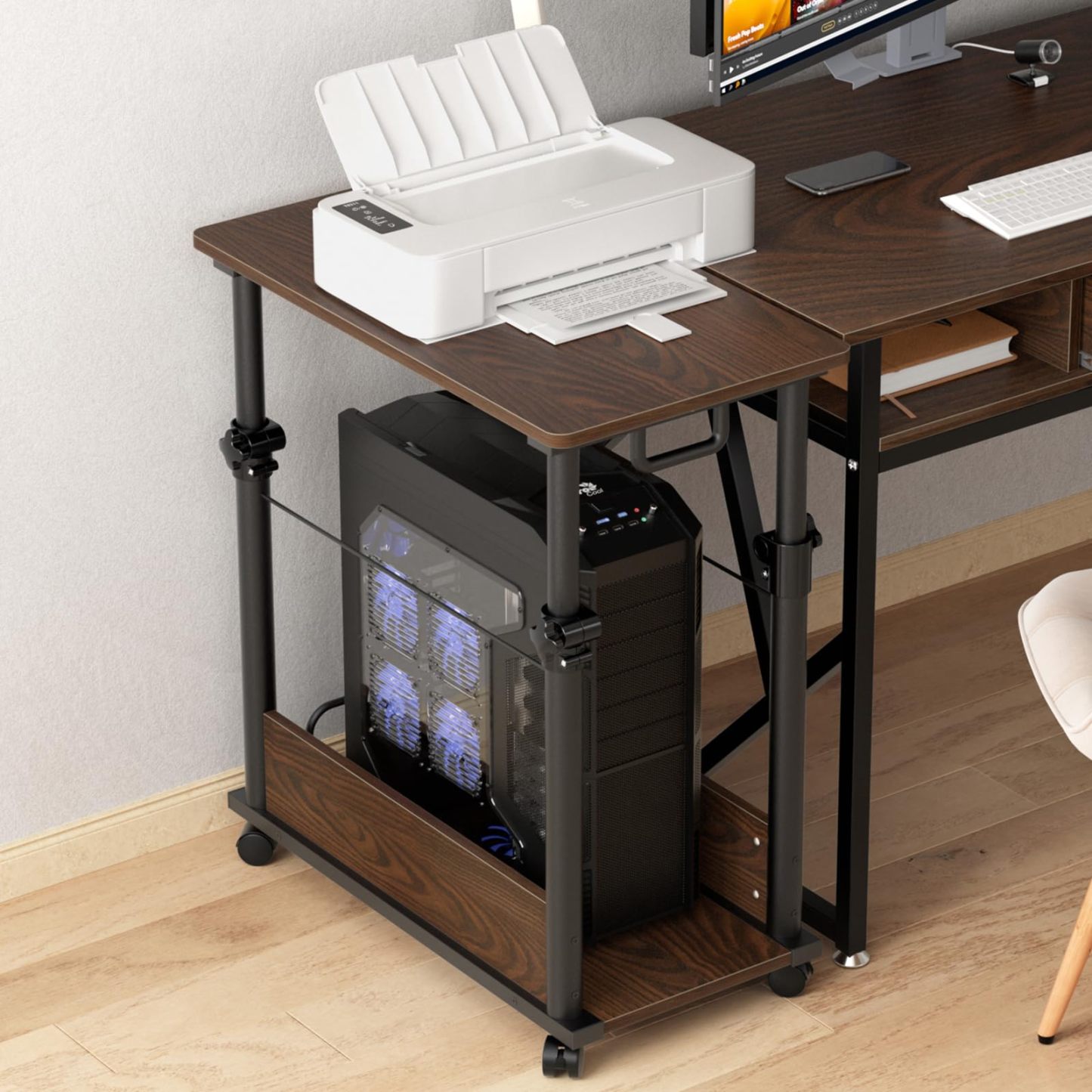 DEWEL プリンター台 プリンターワゴン 昇降式 高さ調節 幅67cm*奥行き36cm*高さ60~84cm キャスター付き CPUワゴン サイドデスク パソコンワゴン PCワゴン サイドワゴン オフィス収納 木製 収納棚 ラックワゴン