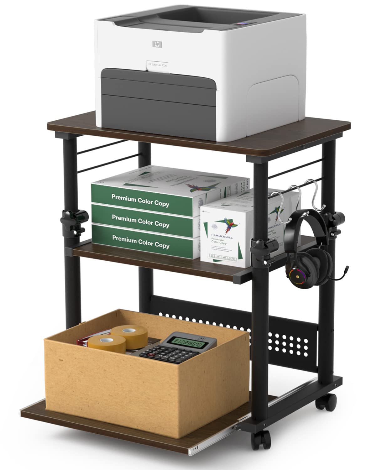 DEWEL プリンターラック プリンター台 上下昇降式 プリンターワゴン サイドワゴン 幅60cm 奥行40cm 3段 a4対応 デスク ワゴン プリンター収納 木製 高さ64-84cm 組立簡単