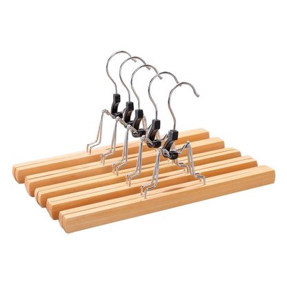 DEWEL ハンガー 木製 ズボンハンガー スカートハンガー 5本セット クリップハンガー ズボン用 跡がつかない 360度回転 滑らない 強力 hanger 天然木製 幅30CM 木の色