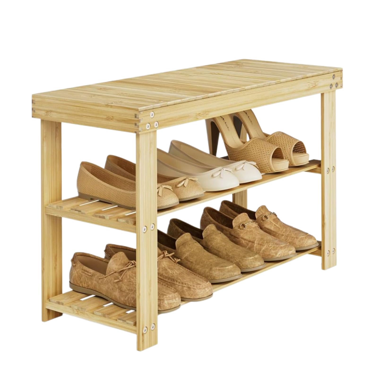 DEWEL 玄関ベンチ 履き替えベンチ シューズラック 竹製 ２段 幅70cm×奥行き28cm×高さ44.8cm 組立簡単 靴履きベンチ 靴ラック 省スペース玄関 玄関に靴を効率収納 玄関椅子 物置棚 ラックベンチ 木製ベンチ 靴箱 収納 室内 靴棚 靴入れ フットスツール 木色 玄関ベンチ 収納