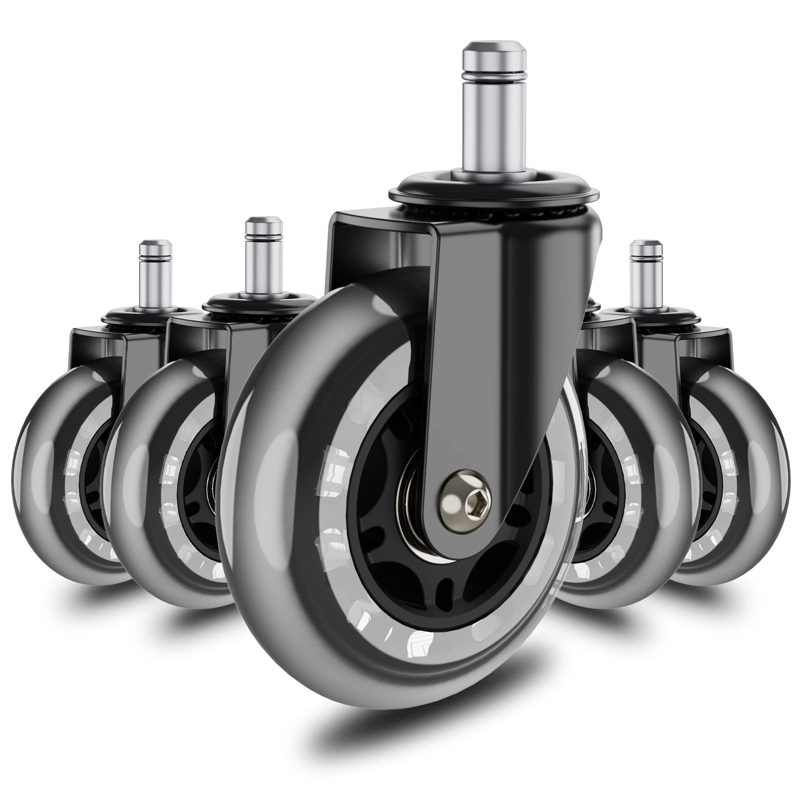 DEWEL イスキャスター 3インチ オフィスチェア キャスター 車輪 差込式 360度回転 静音 PU ゴム 交換用 ホイール径 77mm ステム直径 11mm 5個セット 耐荷重 230KG