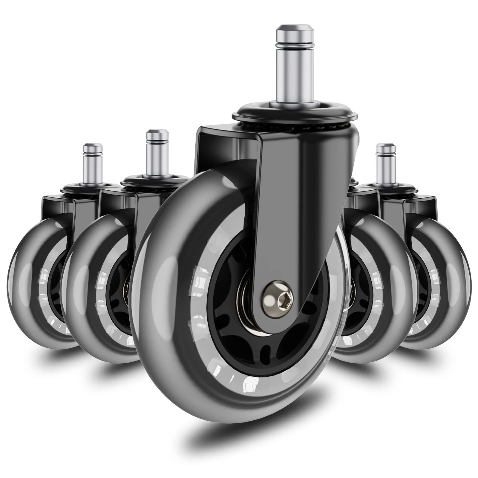 DEWEL イスキャスター 3インチ オフィスチェア キャスター 車輪 差込式 360度回転 静音 PU ゴム 交換用 ホイール径 77mm ステム直径 11mm 5個セット 耐荷重 230KG