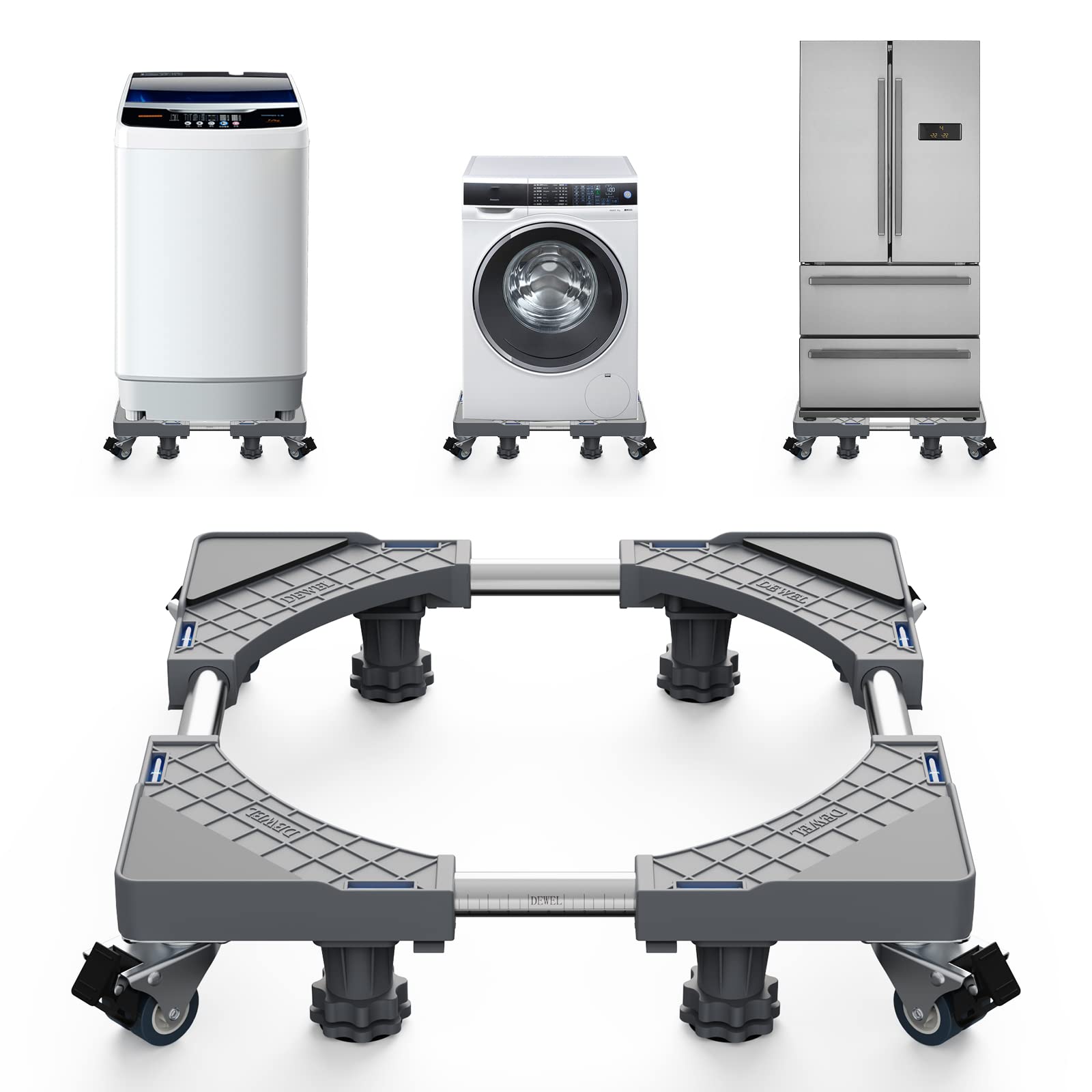 洗濯機 台 DEWEL 冷蔵庫 台 かさ上げ台 グレーのデザイン 高度調節 洗濯機パン 排水パン ノイズリダクションブラケット 目盛り付き 耐荷重:500kg 伸縮式・サイズ調整可能 幅/奥行:44cm~66.5cm 振動異音軽減 ドラム式・全自動洗濯機対応