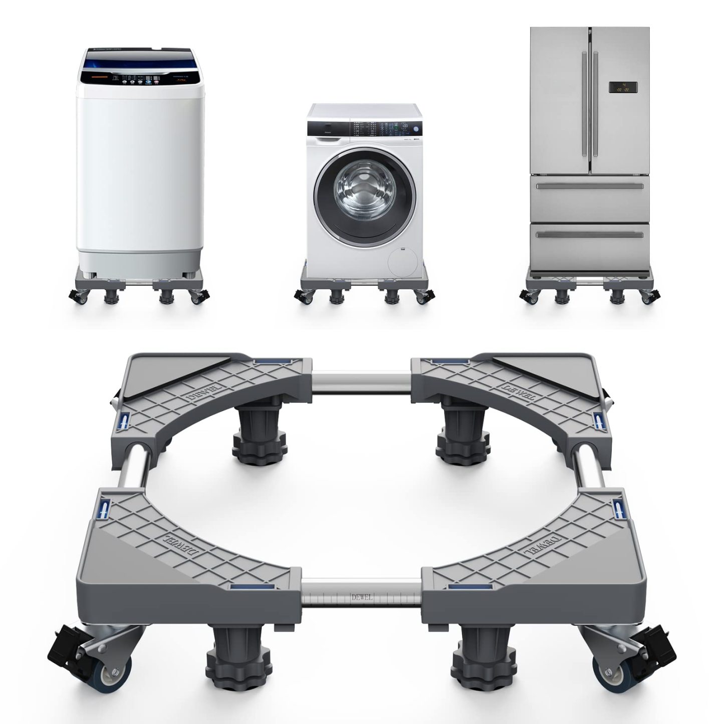 洗濯機 台 DEWEL 冷蔵庫 台 かさ上げ台 グレーのデザイン 高度調節 洗濯機パン 排水パン ノイズリダクションブラケット 目盛り付き 耐荷重:500kg 伸縮式・サイズ調整可能 幅/奥行:44cm~66.5cm 振動異音軽減 ドラム式・全自動洗濯機対応