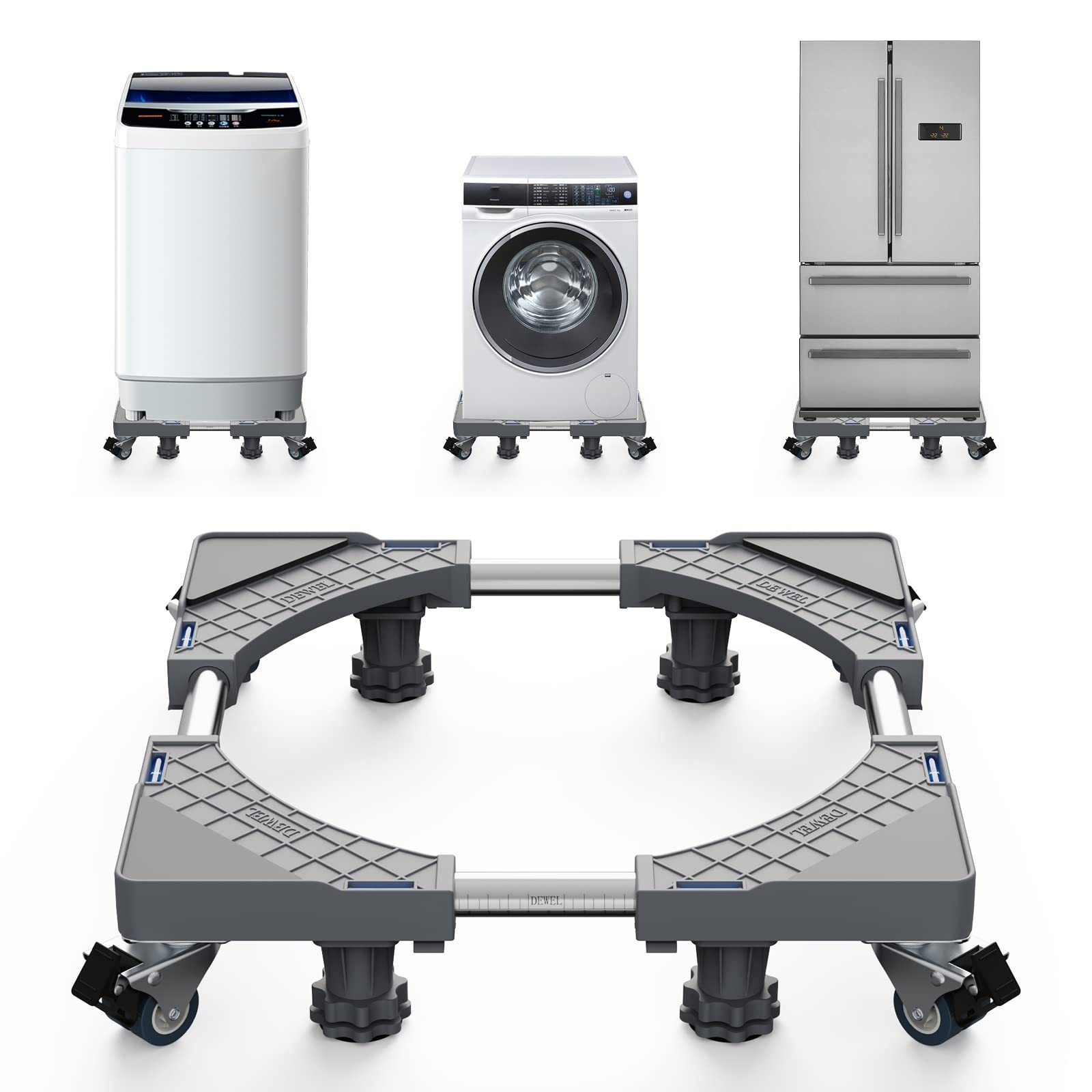 洗濯機 台 DEWEL 冷蔵庫 台 かさ上げ台 グレーのデザイン 高度調節 洗濯機パン 排水パン ノイズリダクションブラケット 目盛り付き 耐荷重:500kg 伸縮式・サイズ調整可能 幅/奥行:44cm~66.5cm 振動異音軽減 ドラム式・全自動洗濯機対応