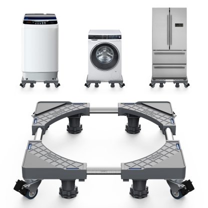 洗濯機 台 DEWEL 冷蔵庫 台 かさ上げ台 グレーのデザイン 高度調節 洗濯機パン 排水パン ノイズリダクションブラケット 目盛り付き 耐荷重:500kg 伸縮式・サイズ調整可能 幅/奥行:44cm~66.5cm 振動異音軽減 ドラム式・全自動洗濯機対応