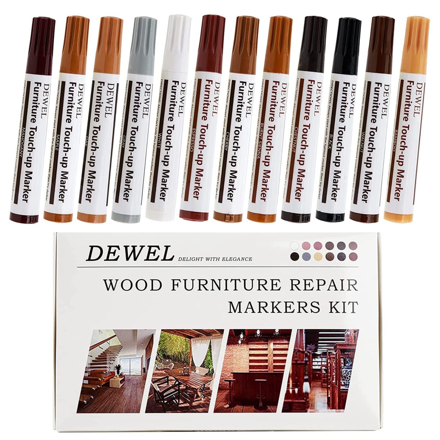 DEWEL 木製品キズ補修セット フローリング補修 家具補修 12色補修ペン フローリング 床 ドア キズ隠し ネジ穴、ひび割れ、釘目、傷、焼灼、変色など補修 木製家具補修