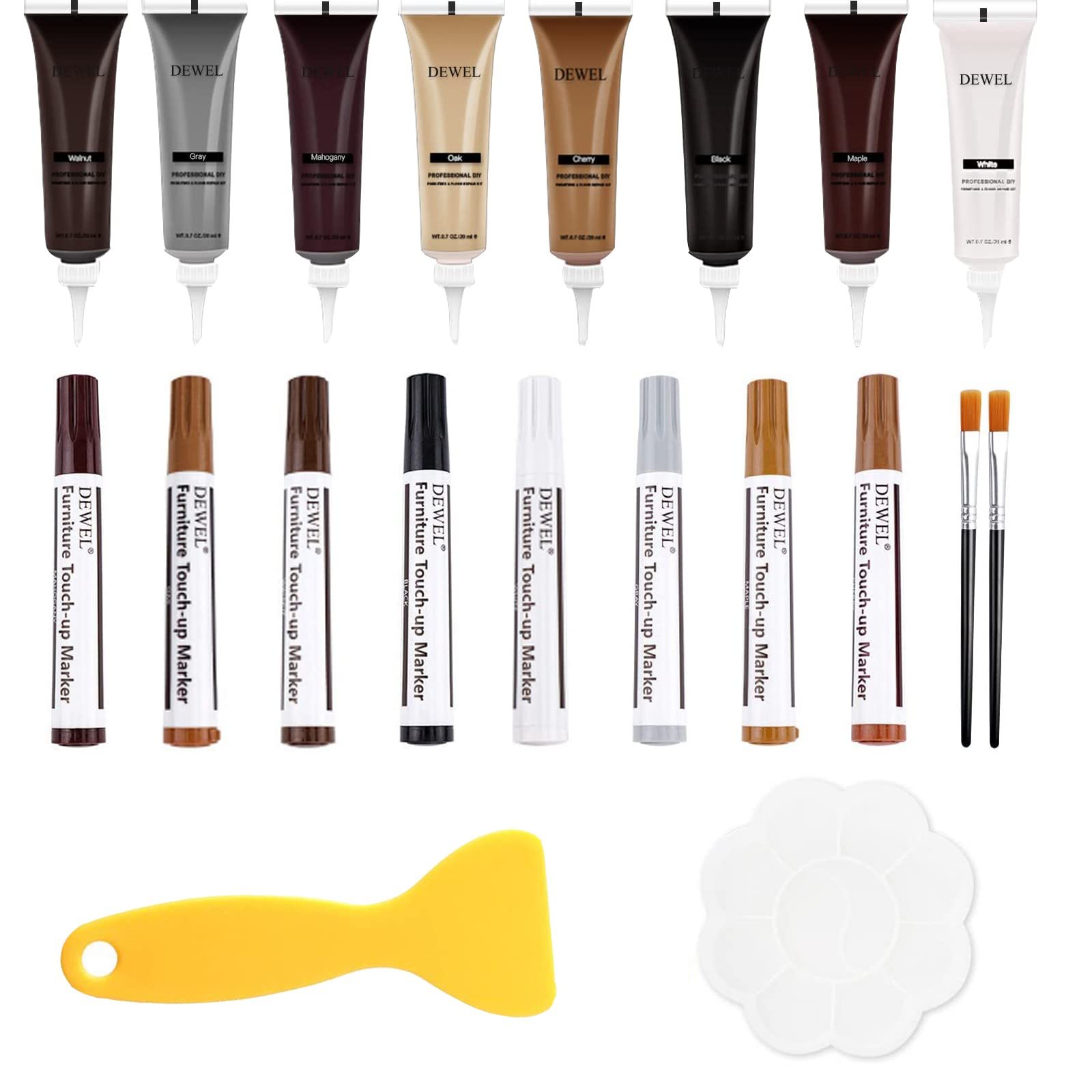 DEWEL フローリング 補修 床補修キット 木製品キズ補修 ドア補修 キズ隠し 8色補修クリーム キズ消し 8色補修ペン 床 補修 ネジ穴 補修 パレット付き ヘラ付き ブラシ付き