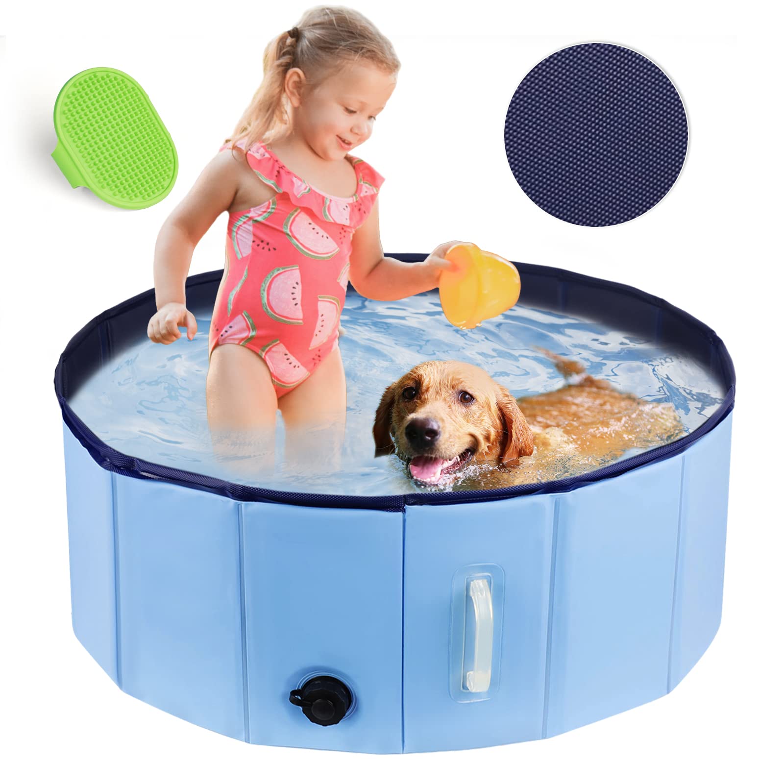 DEWEL プール ペット/子供用 幅120cm 組立不要 庭 水遊び用 折り畳み式 排水キャップ付き 空気入れ不要 PVC素材破れにくい 耐磨耗 滑り止め加工 取っ手付き 運動不足解消 熱中症対策 猫犬お風呂用 120×30cm Lサイズ（ブルー）