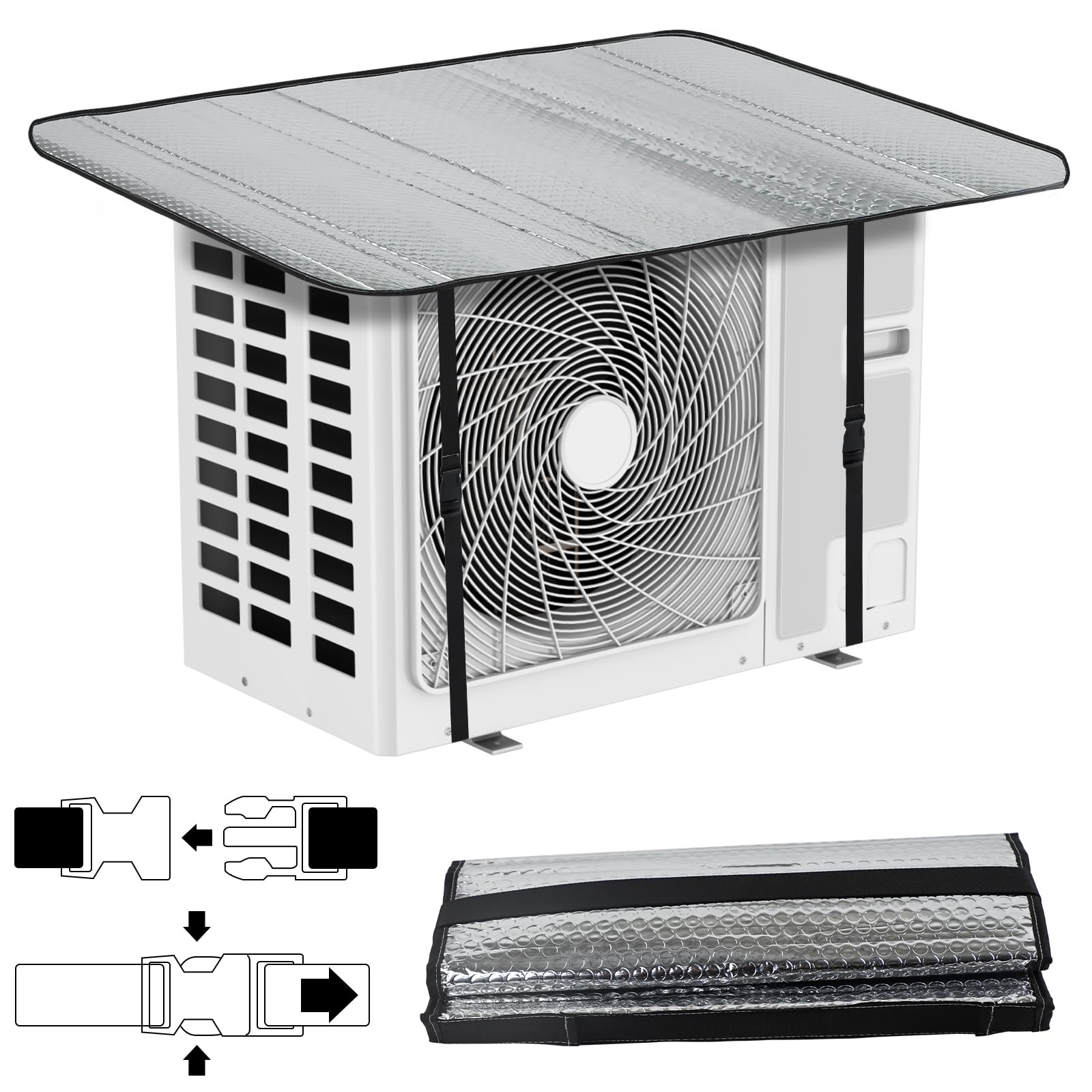 DEWEL エアコン室外機遮熱シート エアコン室外機カバー 室外機パネル 日よけパネル ハイグレード エアコン アルミフィルム 日よけ 日除け 遮熱保護 雨よけ 汚れ対策 防水 節電 断熱 取り付け簡単 3層の空気層 緩衝材 0.7cm 厚手設計 パネル 省エネ 節電 固定ベルト付 クーラー シルバー 室外機の故障 (102*50cm)