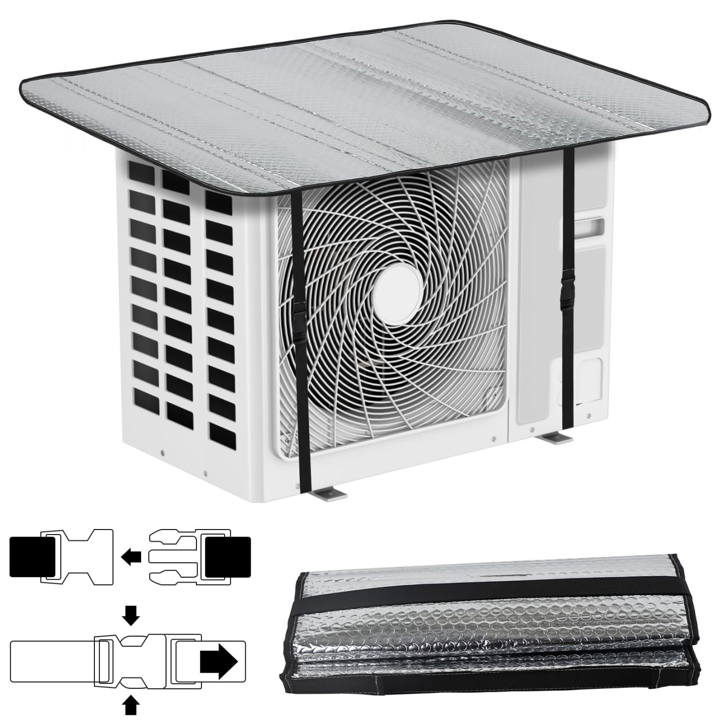DEWEL エアコン室外機遮熱シート エアコン室外機カバー 室外機パネル 日よけパネル ハイグレード エアコン アルミフィルム 日よけ 日除け 遮熱保護 雨よけ 汚れ対策 防水 節電 断熱 取り付け簡単 3層の空気層 緩衝材 0.7cm 厚手設計 パネル 省エネ 節電 固定ベルト付 クーラー シルバー 室外機の故障 (102*50cm)