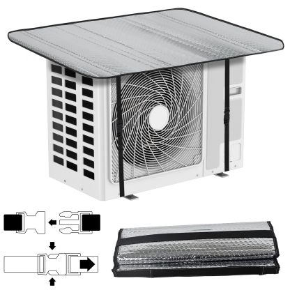DEWEL エアコン室外機遮熱シート エアコン室外機カバー 室外機パネル 日よけパネル ハイグレード エアコン アルミフィルム 日よけ 日除け 遮熱保護 雨よけ 汚れ対策 防水 節電 断熱 取り付け簡単 3層の空気層 緩衝材 0.7cm 厚手設計 パネル 省エネ 節電 固定ベルト付 クーラー シルバー 室外機の故障 (102*50cm)