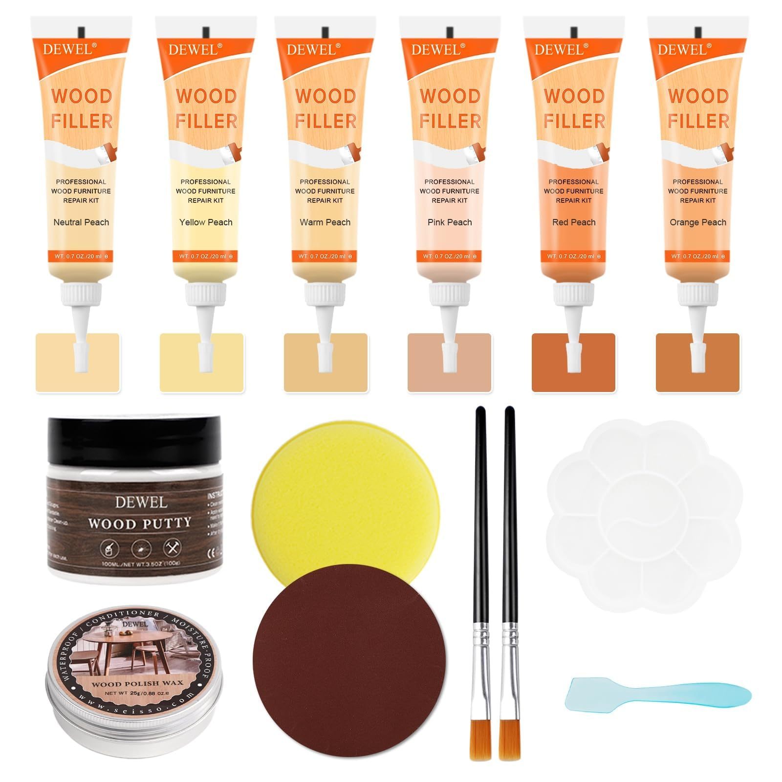 DEWEL 木製品キズ補修セット フローリング 補修 家具 補修 6色補修クリーム フローリング 補修 パテ ドア 剥がれ 補修 キズ隠し ネジ穴、ひび割れ、釘目、傷、焼灼、変色など補修 フローリング 穴埋めパテ