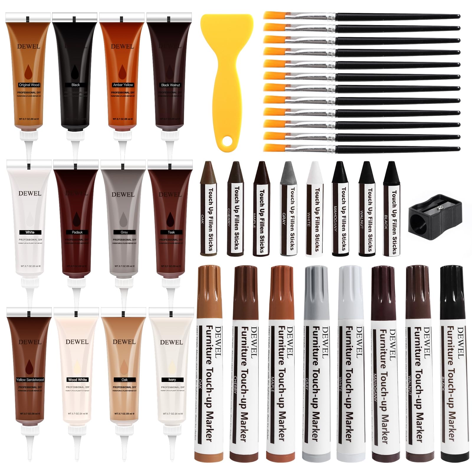 DEWEL 木製家具修理キット、アップグレード木材フィラー、ワックススティック付き家具タッチアップマーカー、傷、ひび割れ、穴、ラミネート、テーブル、ベッドポスト用の床タッチアップキット42個