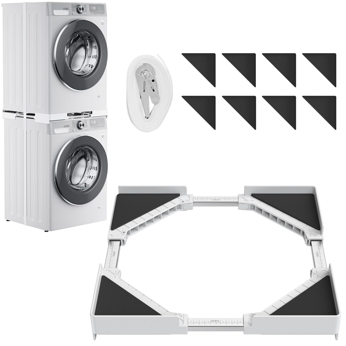 洗濯機乾燥機スタッキングキット 調節可能なフレーム範囲45~65cm 洗濯機と乾燥機用のユニバーサルスタッキングキット 積み重ね可能 ラチェットストラップ付き [並行輸入品]