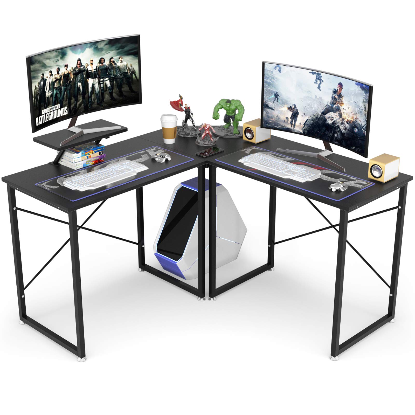 DEWEL コーナーデスク 幅130 L字型/一字型 2wayタイプ ゲーミングデスク テレワーク用 パソコンデスク 事務机 モニタースタンド付き 木目柄 足元フリー設計 グラつき防止 ブラック 130X130X75cm